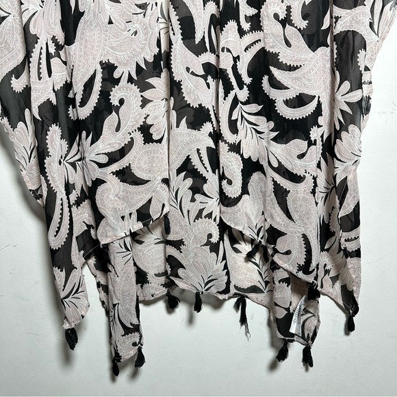 Willi Smith Black White Paisley Tassel hem Sheer Kimono Cardigan Cover Up 1X - Picture 3 of 10